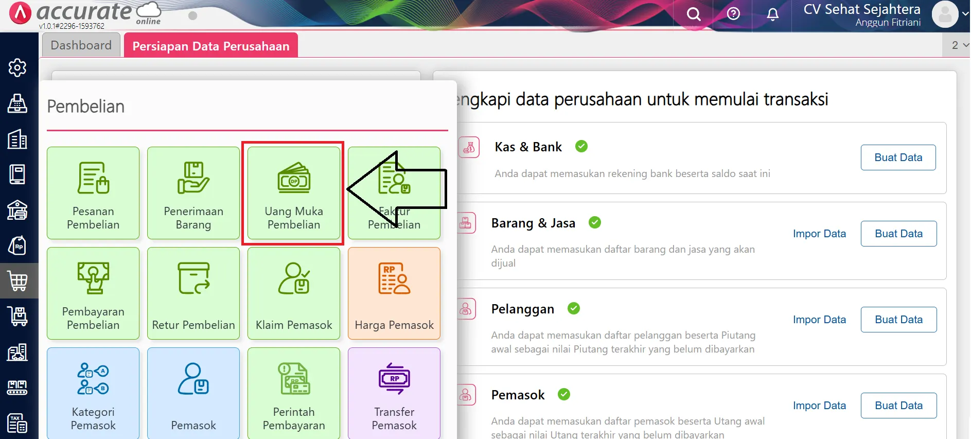 uang muka pembelian Accurate Online